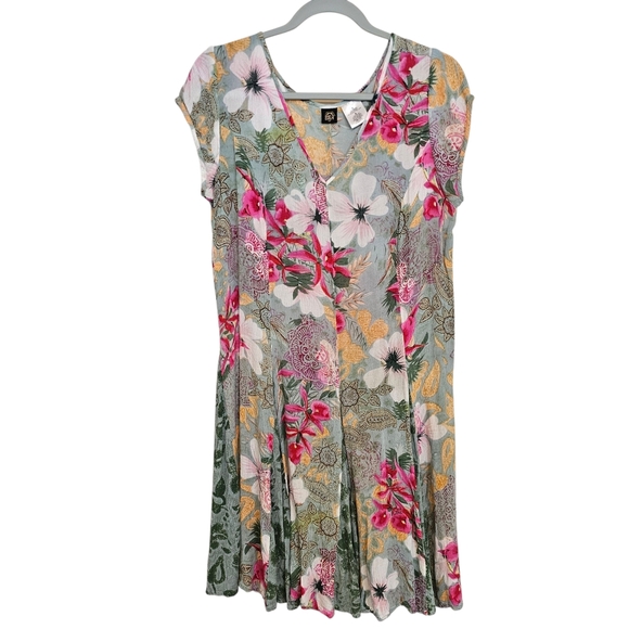 Bila Tropical Vneck Flowy Swing Dress Floral Vacation Resortwear Mini - Picture 1 of 6